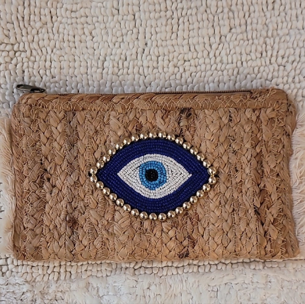 Woven Straw Evil Eye Clutch Purse with Beaded Blue Evil Eye